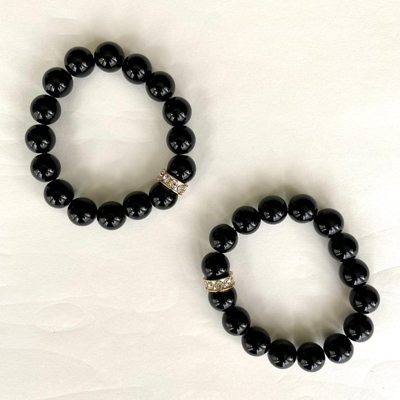 Black Beaded Stretch Bracelet Set of 2 with Gold and Rhinestone Detail - Picture 2 of 7
